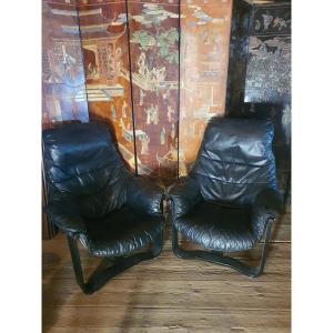 Pair Of Vintage Norwegian Leather Armchairs.