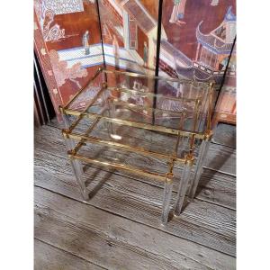 Series Of Three Nesting Tables In Gilded Brass And Plexiglas, Lucite.