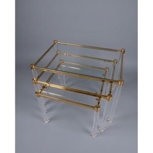 Series Of Three Nesting Tables In Gilded Brass And Plexiglas, Lucite.