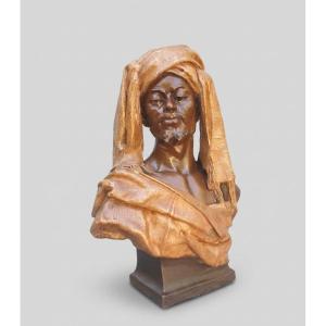 Orientalist Terracotta Bust Sculpture, The Caïd. Charles Massé.