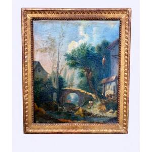 Tableau paysage au pont , XVIII siècle  école Hubert Robert. 