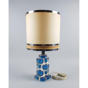 Vintage Cubist-style Lamp With Blue Murano Glass, Poliarte.