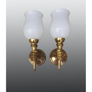 Pair Of Bronze Wall Sconces By Maison Jansen.
