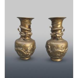 Paire de vases bronze Chine aux dragons.