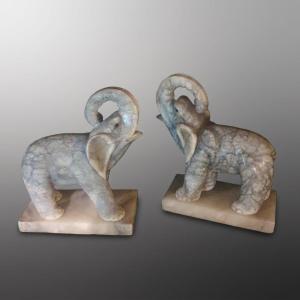 Pair Of Art Deco Marble Elephant Bookends