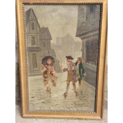 Tableau scène de genre ,Étienne Leroy personnages sous la pluie  