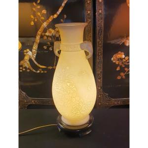 Vase Lampe Lithophanie Porcelaine Style Chine.