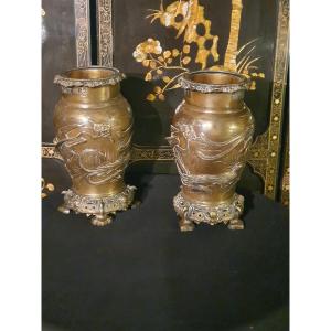 Pair Of Japanese Bronze Vases, Meïji, Edo. 