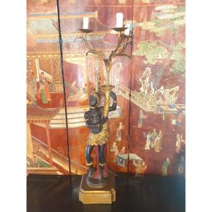 Nubian Golden Wood Torchiere Lamp.