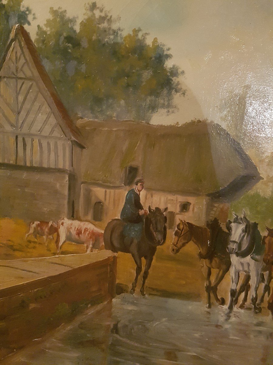 Huile Sur Toile Représentant Des Chevaux Allant Au Pédiluve Par Robert  Fremont.-photo-3