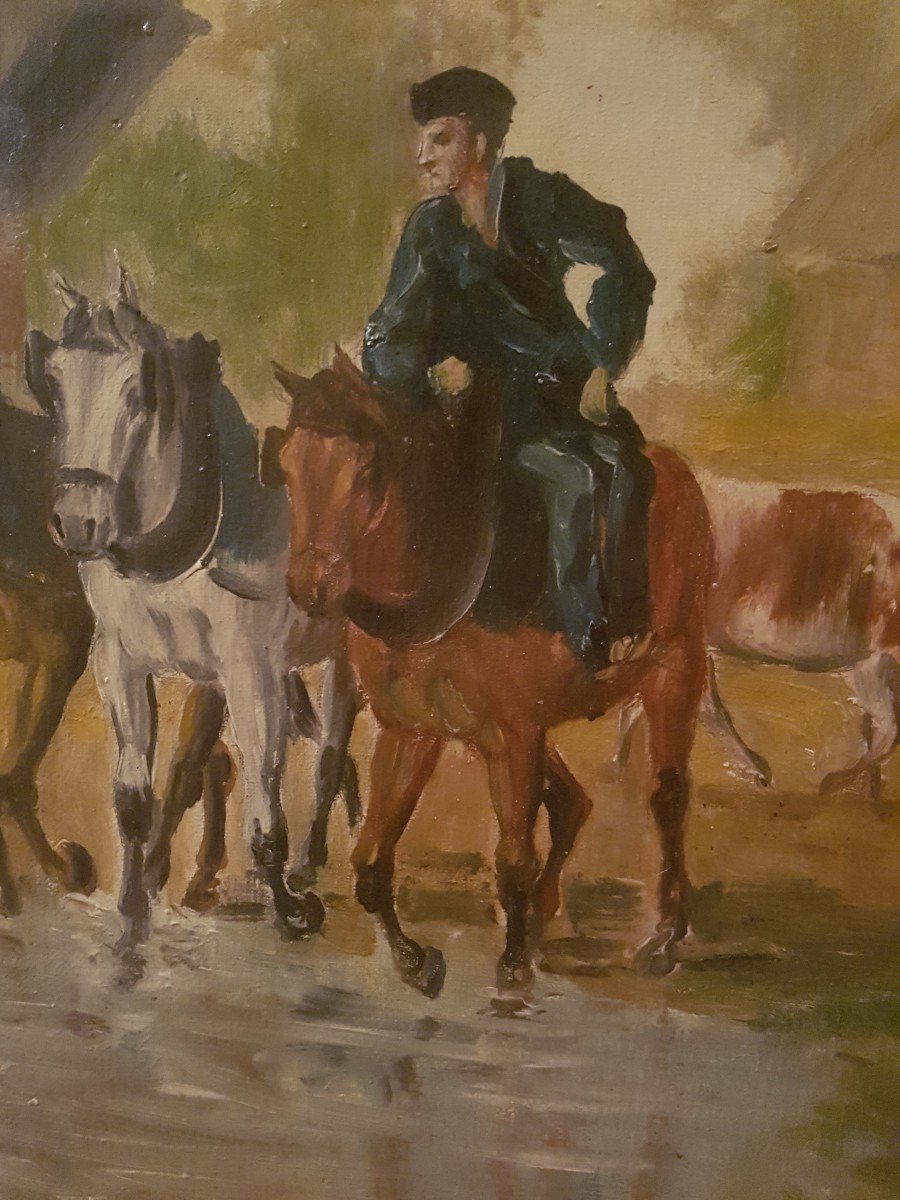 Oil On Canvas Representing Horses Going To The Footbath By Robert Fremont.-photo-2