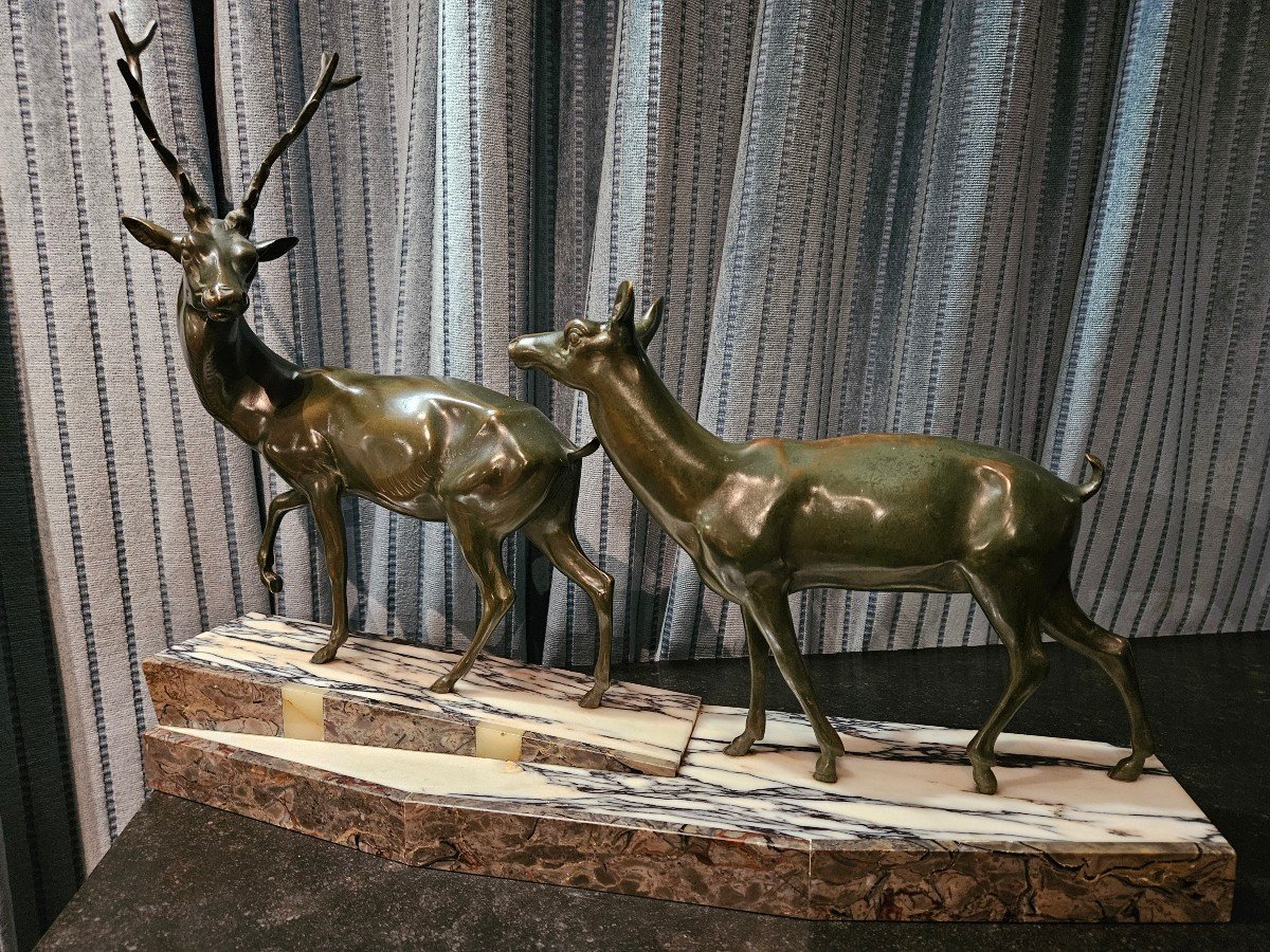 Animal Bronze Art-deco Period: Stag And Doe.-photo-2