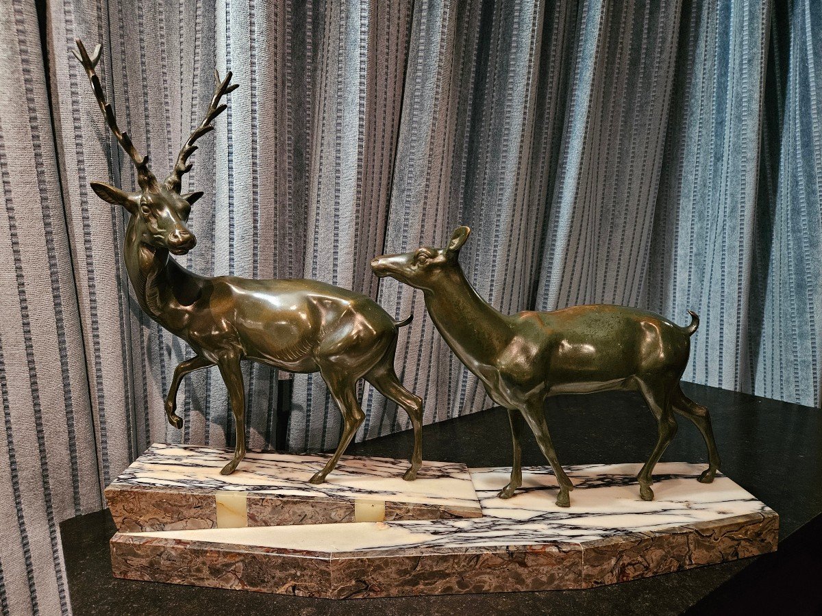 Animal Bronze Art-deco Period: Stag And Doe.