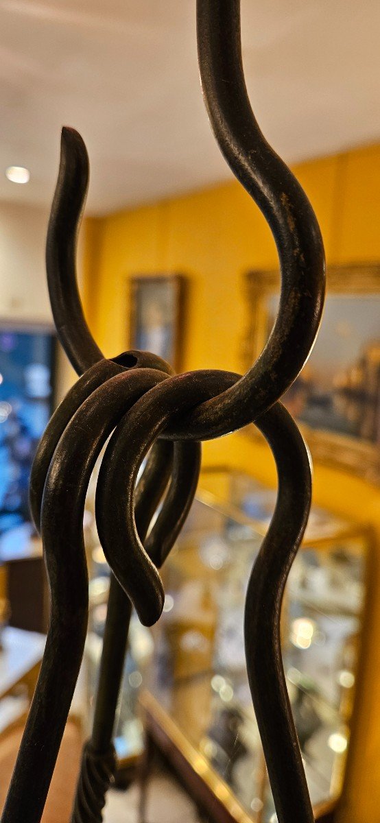 Antique Chandelier In Patinated Bronze With Three Arms Of Lights. -photo-7