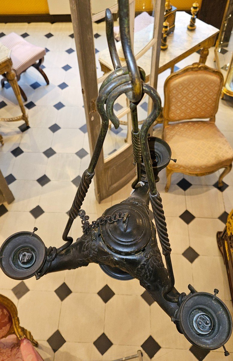 Antique Chandelier In Patinated Bronze With Three Arms Of Lights. -photo-3