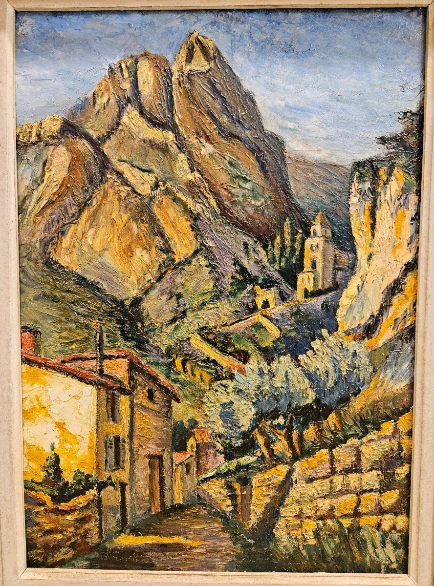 Oil On Cardboard. Mountain Village In A Mediterranean Landscape.