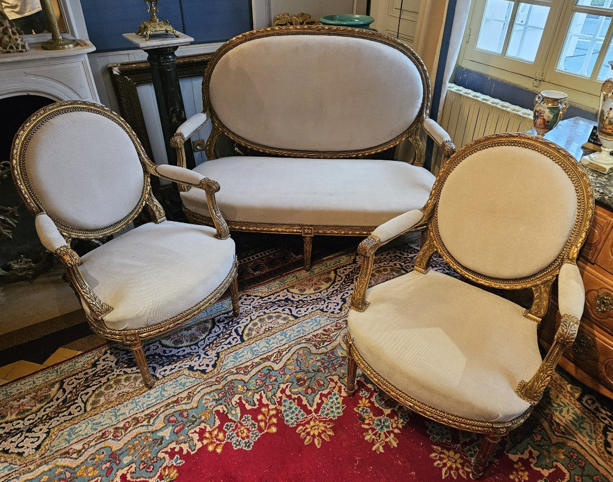 Salon en bois sculpté et doré de style Louis XVI d’époque Napoléon III.-photo-2