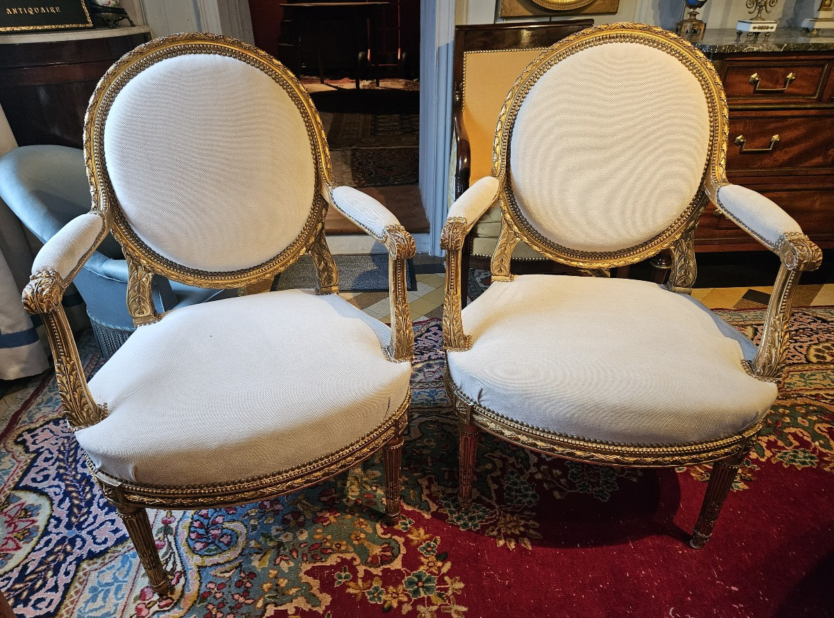 Salon en bois sculpté et doré de style Louis XVI d’époque Napoléon III.-photo-3