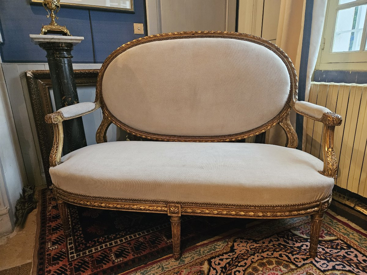 Salon en bois sculpté et doré de style Louis XVI d’époque Napoléon III.-photo-5