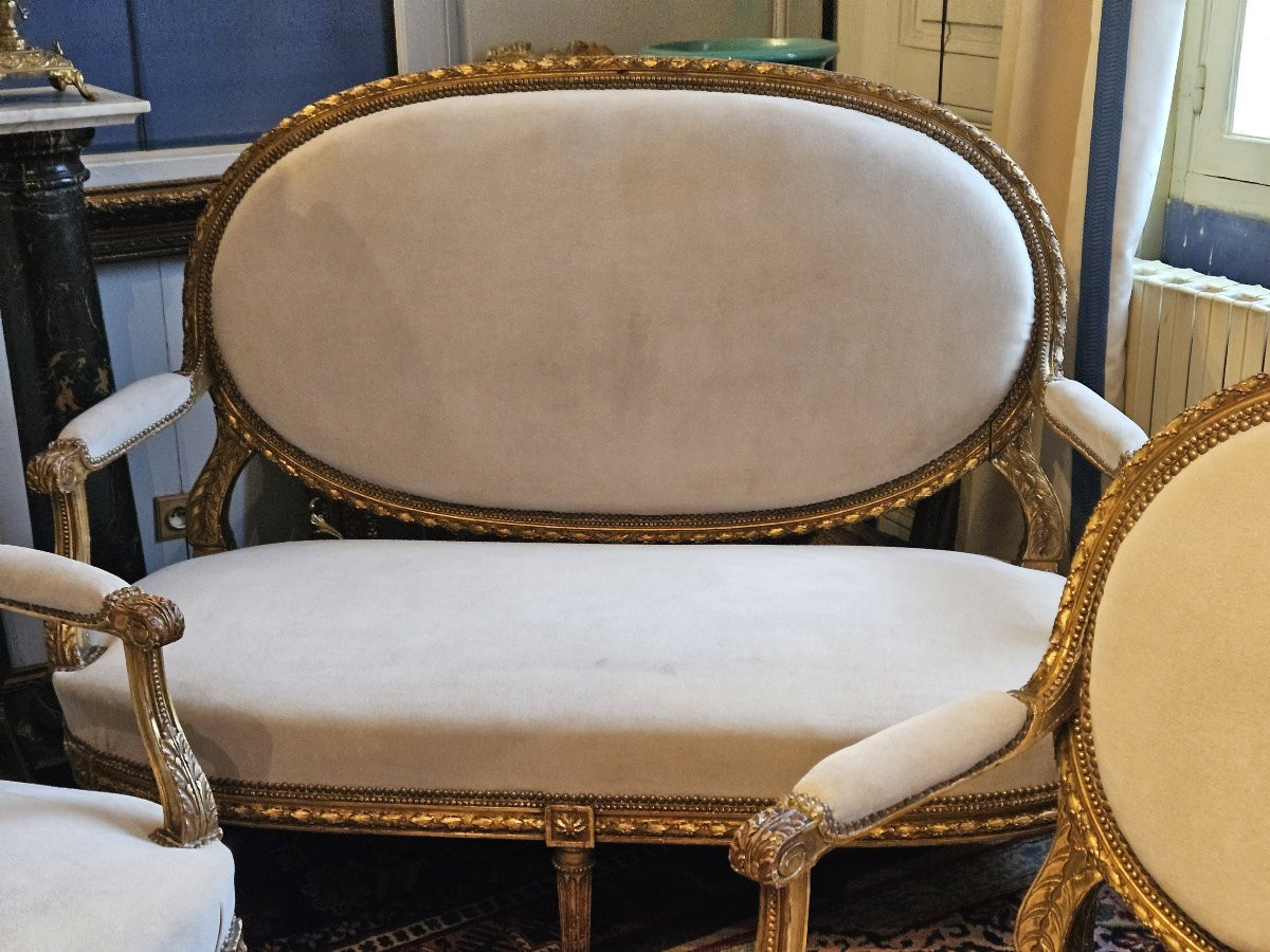 Salon en bois sculpté et doré de style Louis XVI d’époque Napoléon III.-photo-7