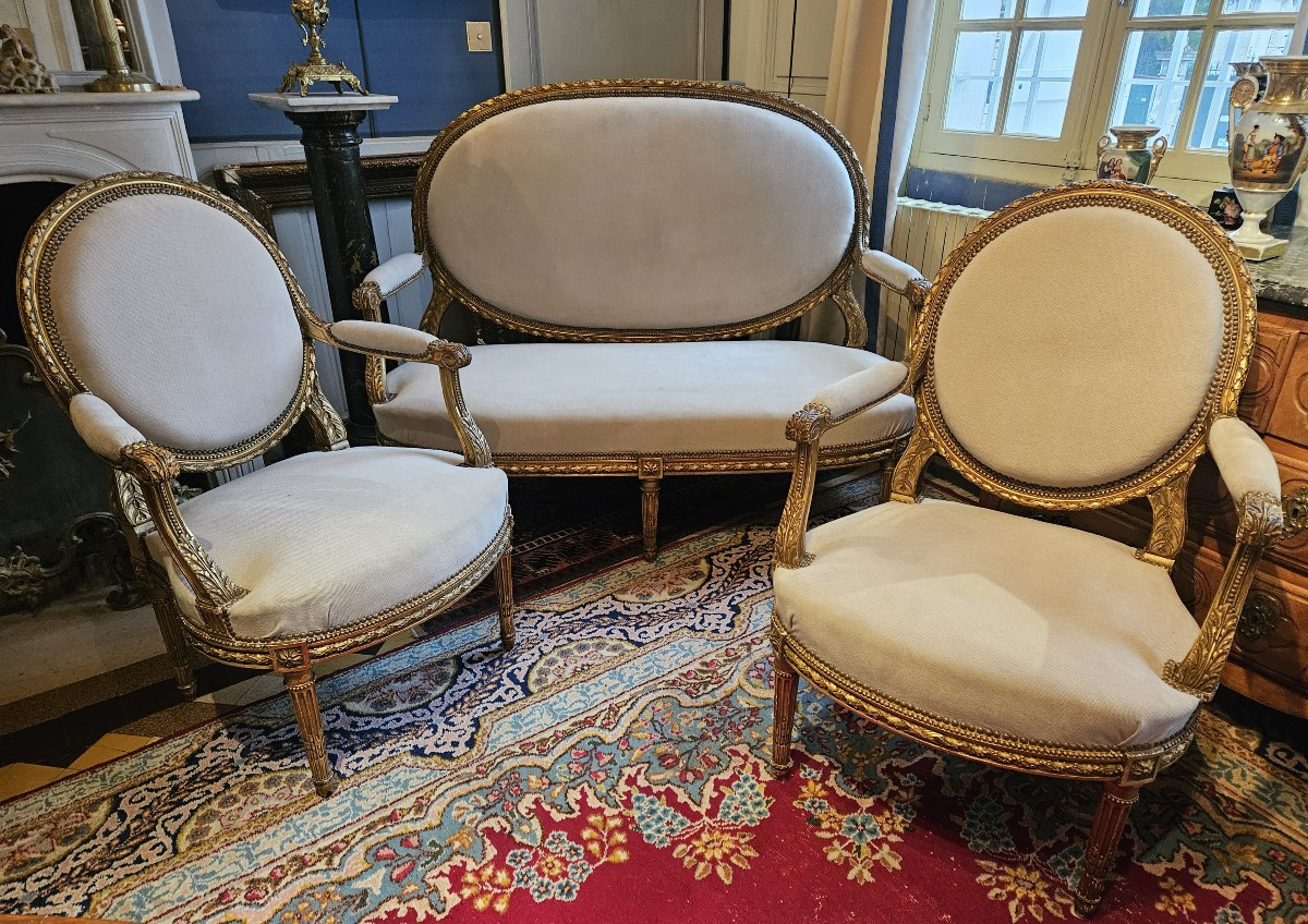 Salon en bois sculpté et doré de style Louis XVI d’époque Napoléon III.