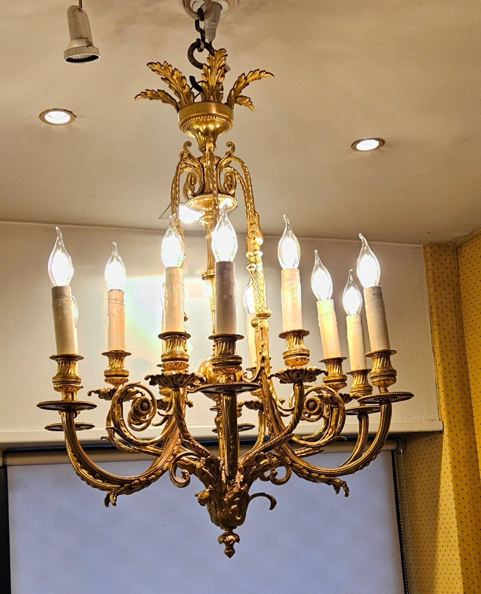 Lustre En Bronze De Style Louis XVI, époque Napoléon III  . Hauteur 85 cm.-photo-4
