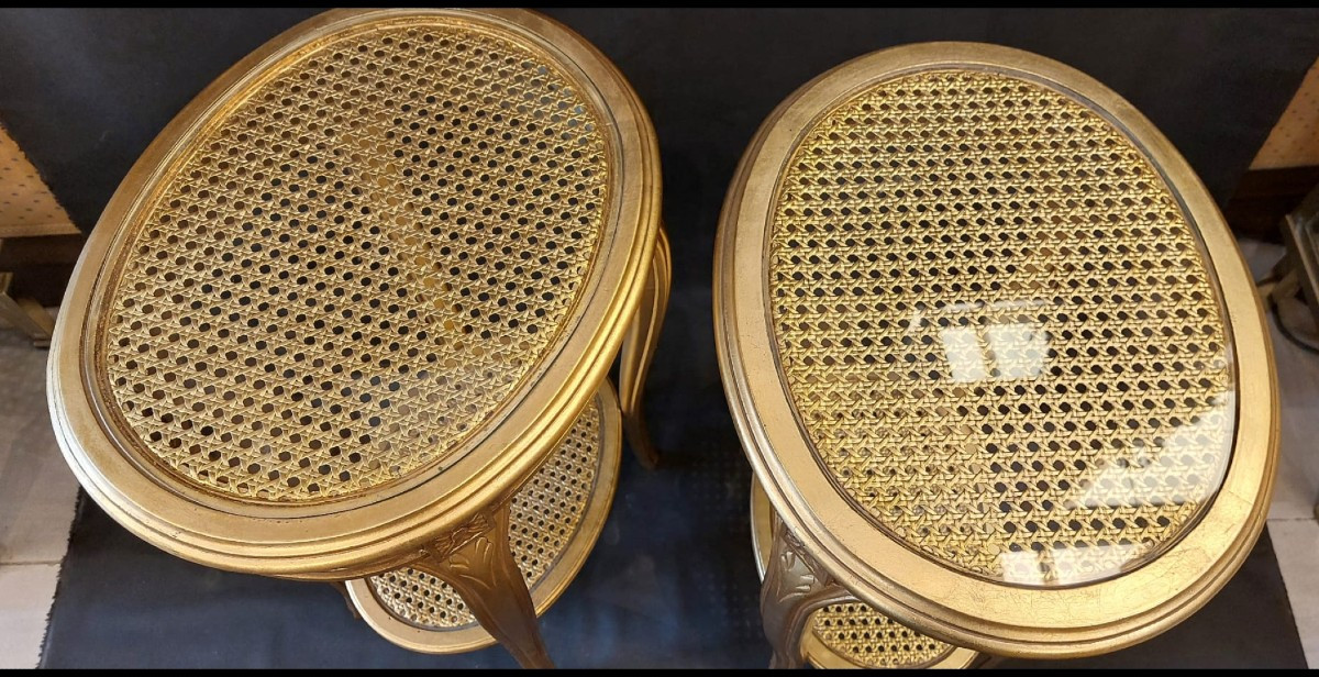 Pair Of Tables, Pedestal Tables, In Gilded Wood-photo-3