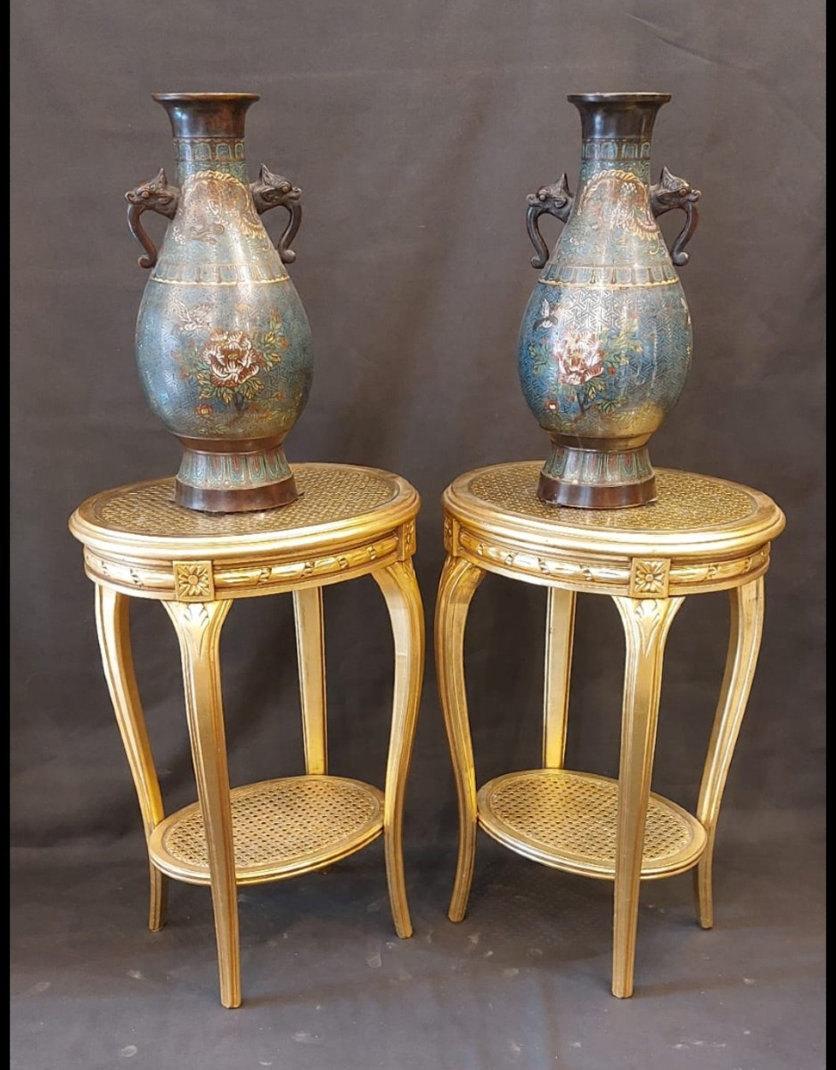 Pair Of Tables, Pedestal Tables, In Gilded Wood-photo-4