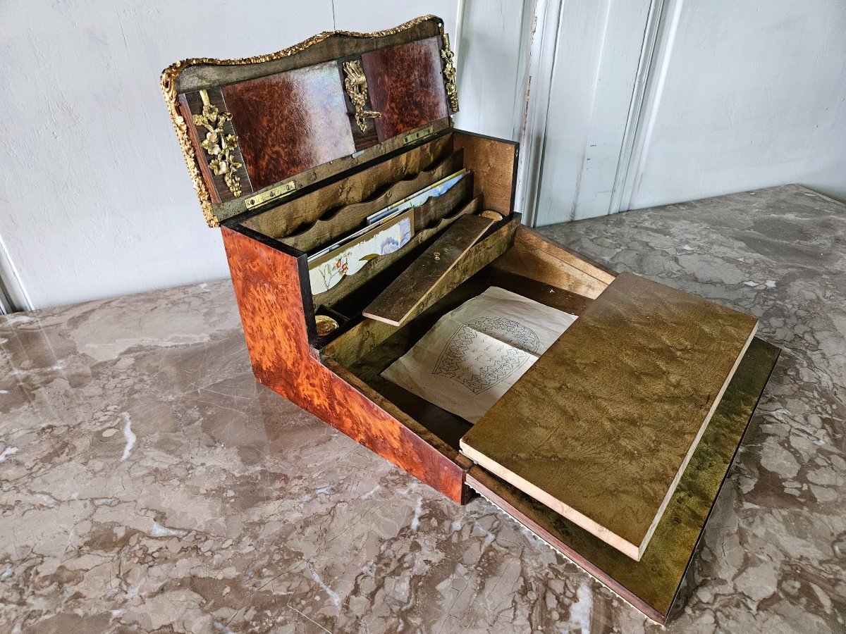 Beautiful Napoleon III Writing Desk In Marquetry Of Amboyna Burl And Rosewood.-photo-5