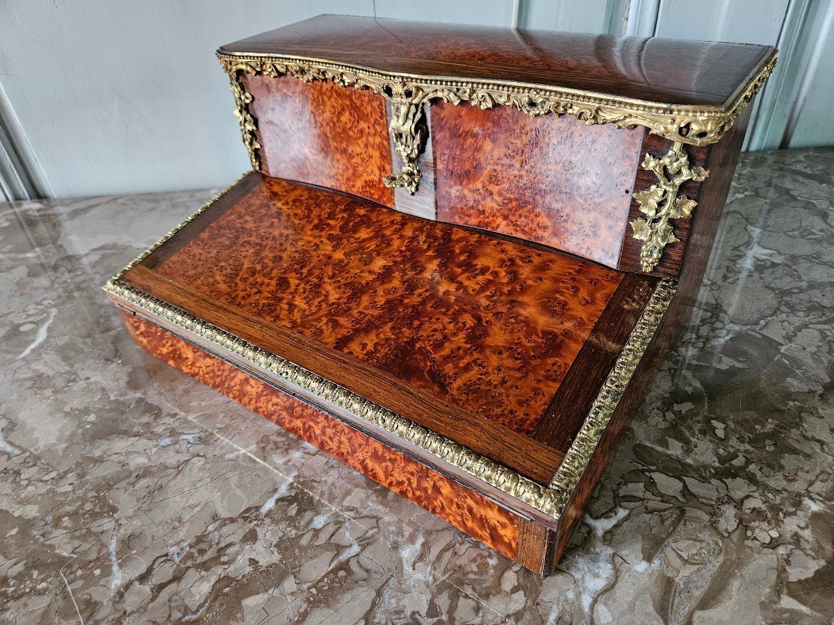 Beautiful Napoleon III Writing Desk In Marquetry Of Amboyna Burl And Rosewood.