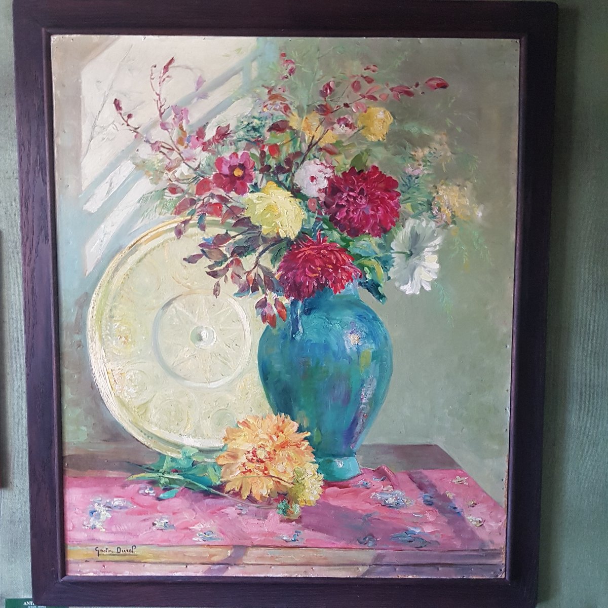 A Bouquet Of Flowers In A Vase Next To A Moroccan Tea Tray. Signed Gaston Durel -photo-2