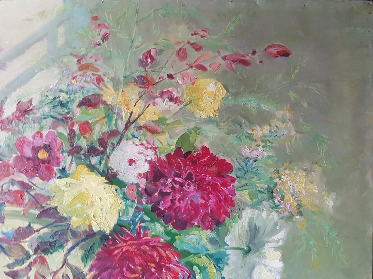 A Bouquet Of Flowers In A Vase Next To A Moroccan Tea Tray. Signed Gaston Durel -photo-1