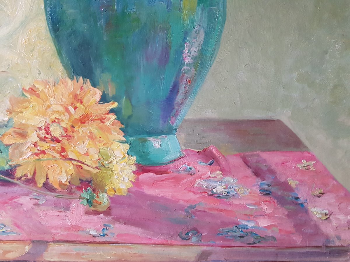 A Bouquet Of Flowers In A Vase Next To A Moroccan Tea Tray. Signed Gaston Durel -photo-5