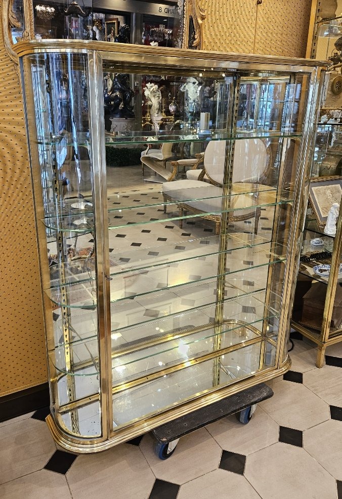 Siegel: Rare Brass And Bronze Wall Display Cabinet With Curved Sides. Early 20th Century