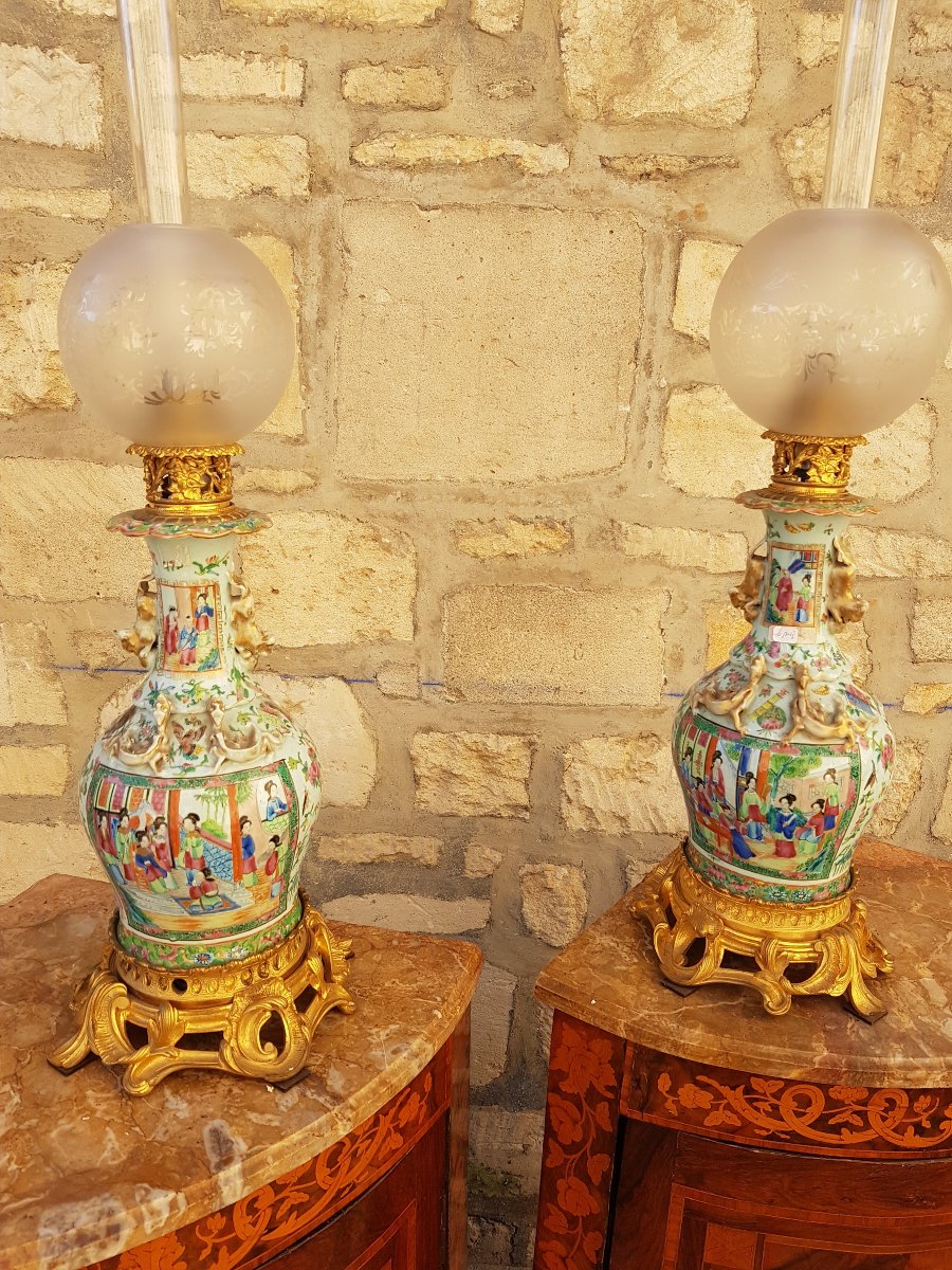 Paire De Lampes Carcel En Porcelaine De Chine XIXème Siècle-photo-2