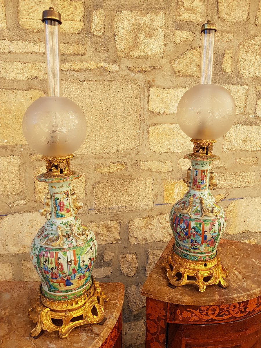 Paire De Lampes Carcel En Porcelaine De Chine XIXème Siècle-photo-3