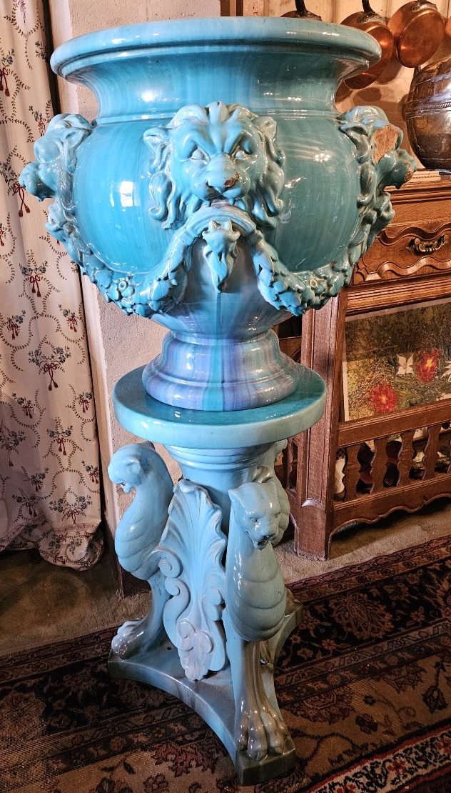 Grande colonne en faïence emmaillée bleu turquoise par Massier.-photo-2