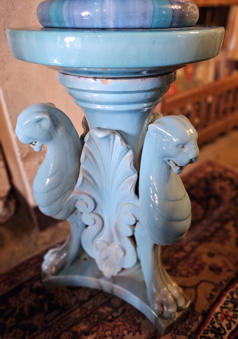 Grande colonne en faïence emmaillée bleu turquoise par Massier.-photo-3