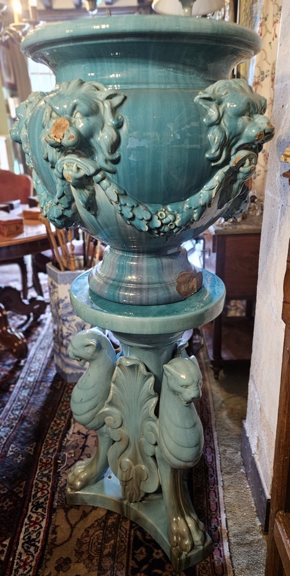 Grande colonne en faïence emmaillée bleu turquoise par Massier.-photo-1