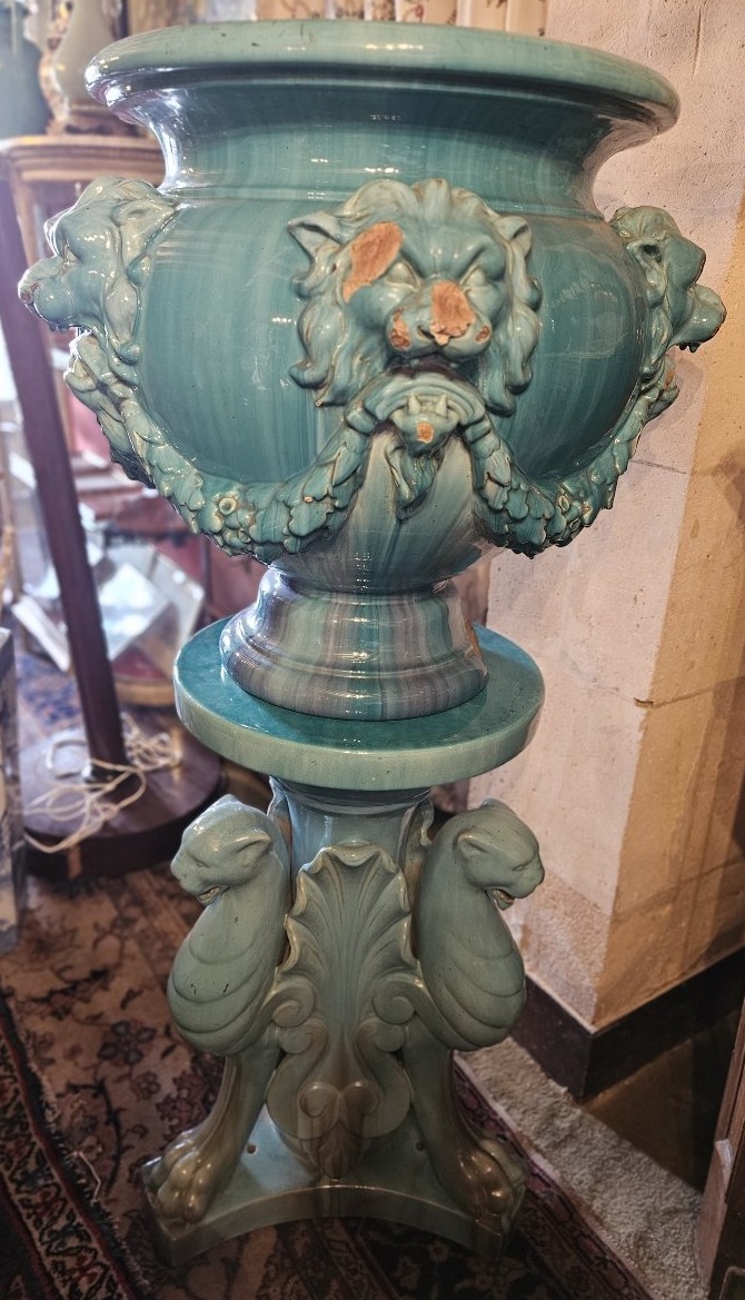Grande colonne en faïence emmaillée bleu turquoise par Massier.-photo-2