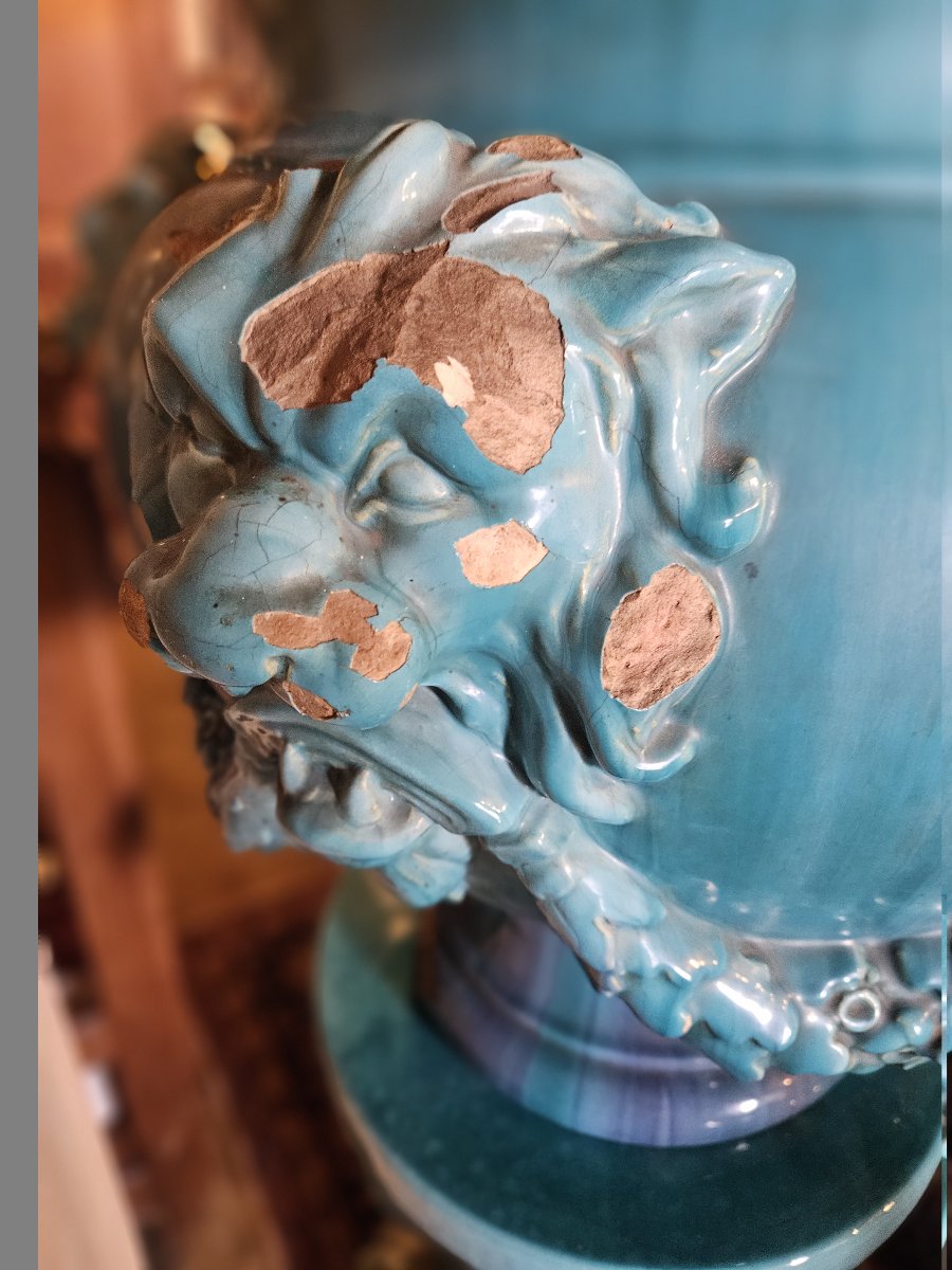 Grande colonne en faïence emmaillée bleu turquoise par Massier.-photo-5