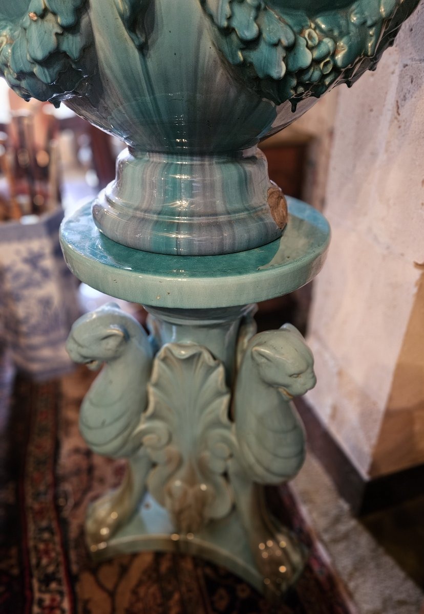 Grande colonne en faïence emmaillée bleu turquoise par Massier.-photo-6