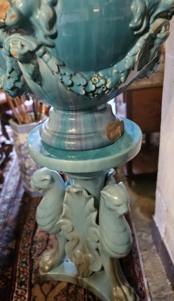 Grande colonne en faïence emmaillée bleu turquoise par Massier.-photo-8