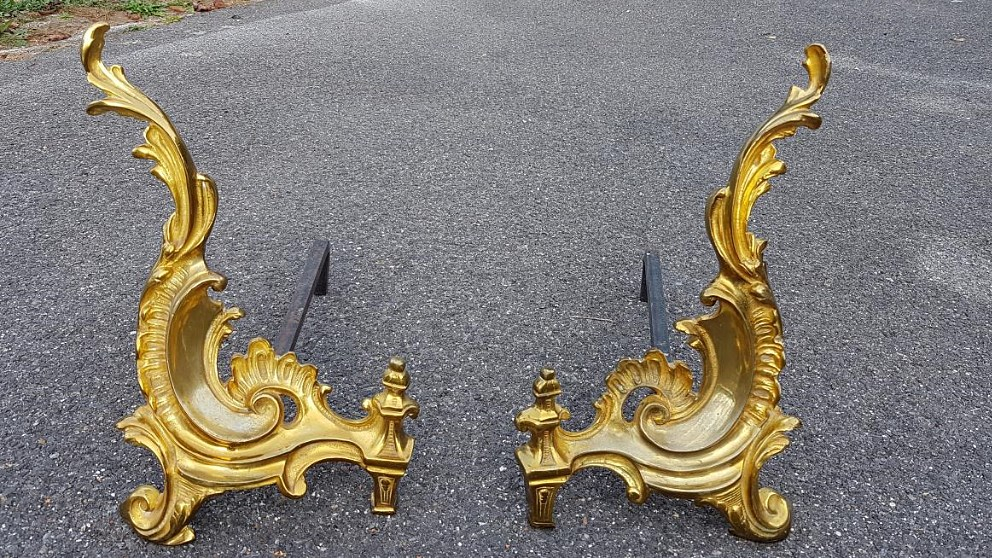 Pair Of Louis XV Style Andirons In Gilded Bronze.