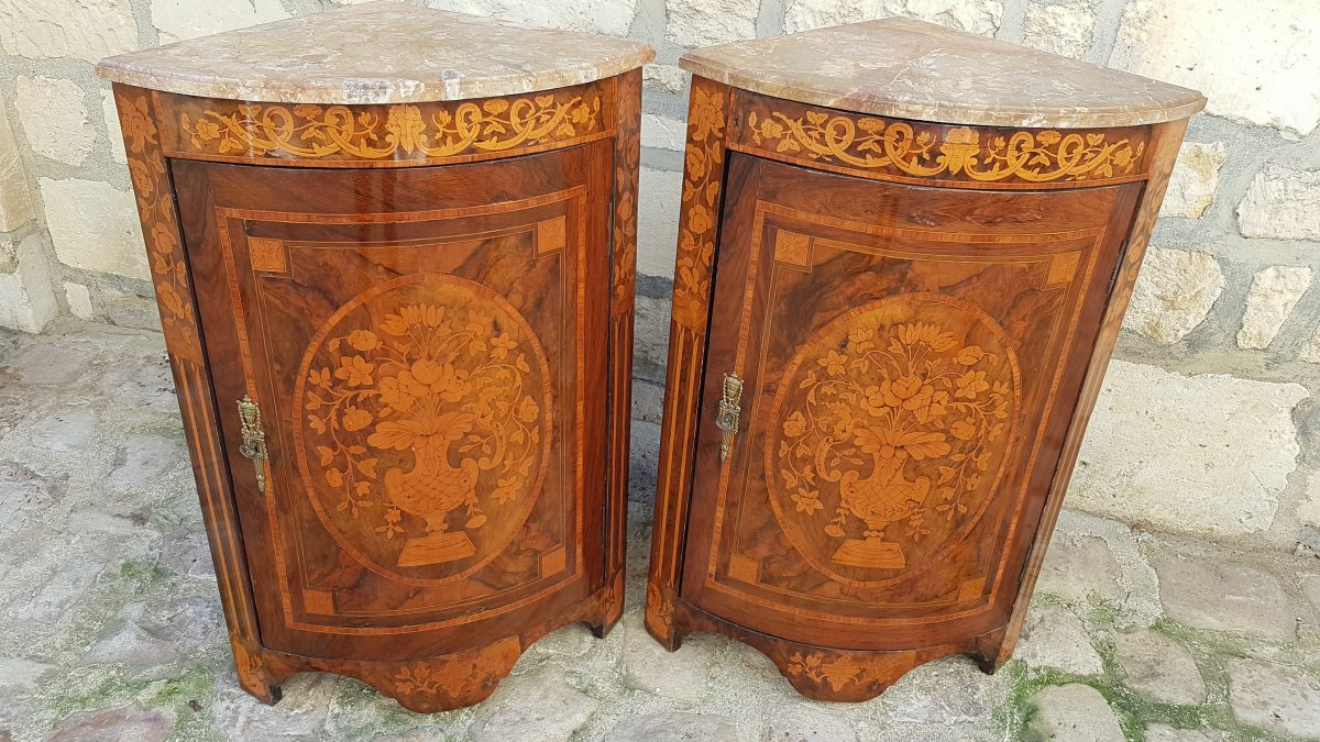 Pair Of "demi-lune" Corner In Neoclassical Style Marquetry.-photo-3