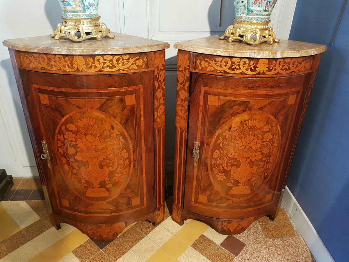 Pair Of "demi-lune" Corner In Neoclassical Style Marquetry.-photo-4