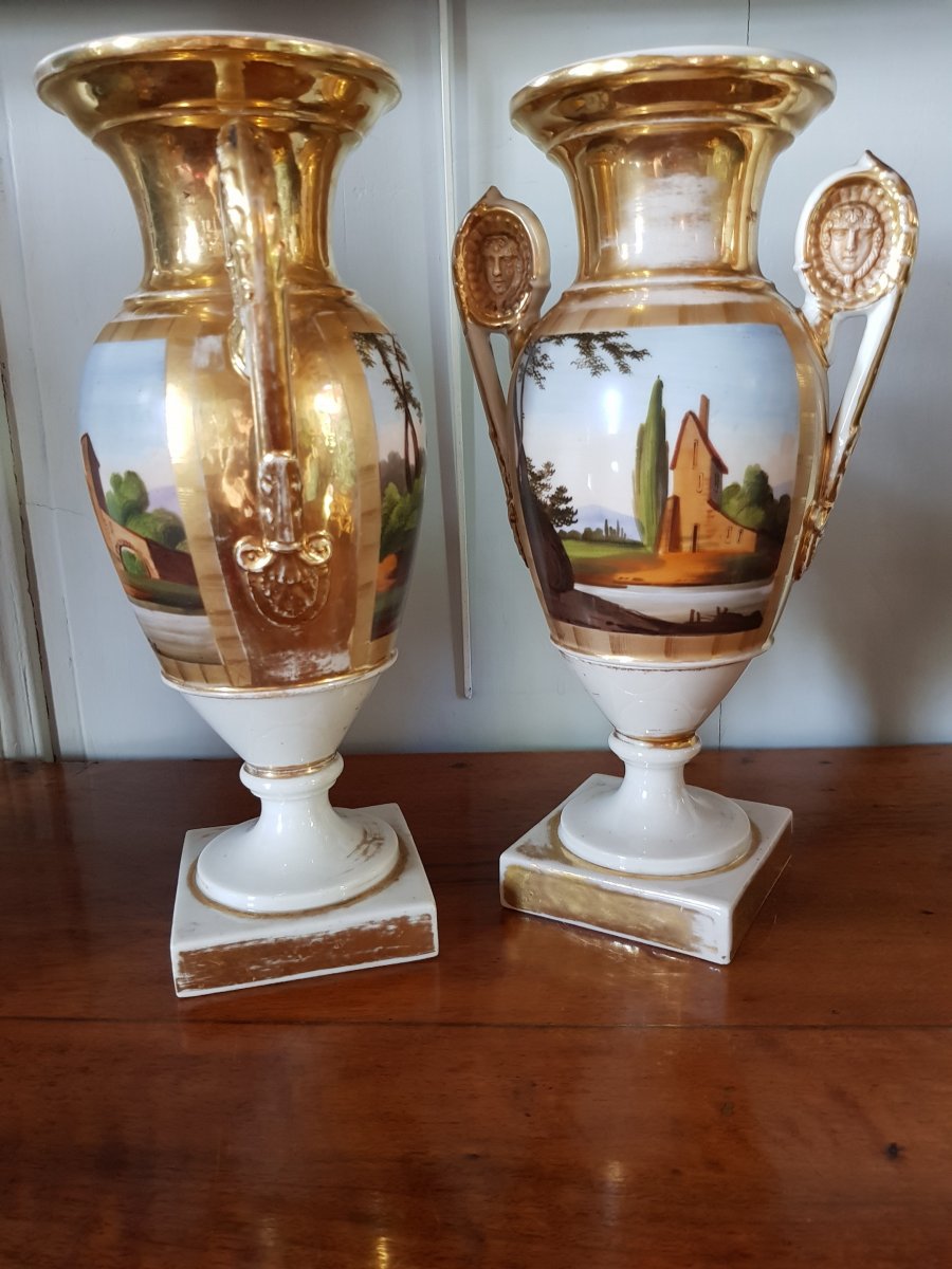 Pair Of Paris Porcelain Vases - Empire Restoration Period-photo-2