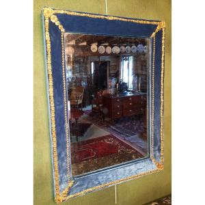 Rectangular Mirror Garnished With Blue Velvet And Gilded Bronzes 19th Century