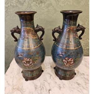 Pair Of Baluster Vases In Cloisonne. China End Of The 19th Century.