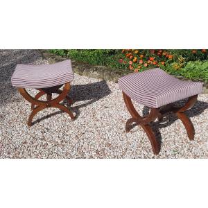 Pair Of Mahogany X Legs Stools Early 19th Century.